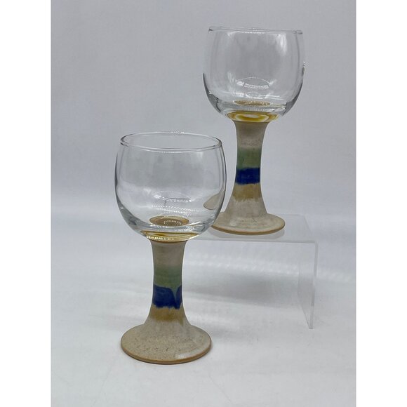 Handcrafted Stemmed Glass Goblets Ceramic Base & Colorful Design 2-Piece Set - Picture 1 of 9